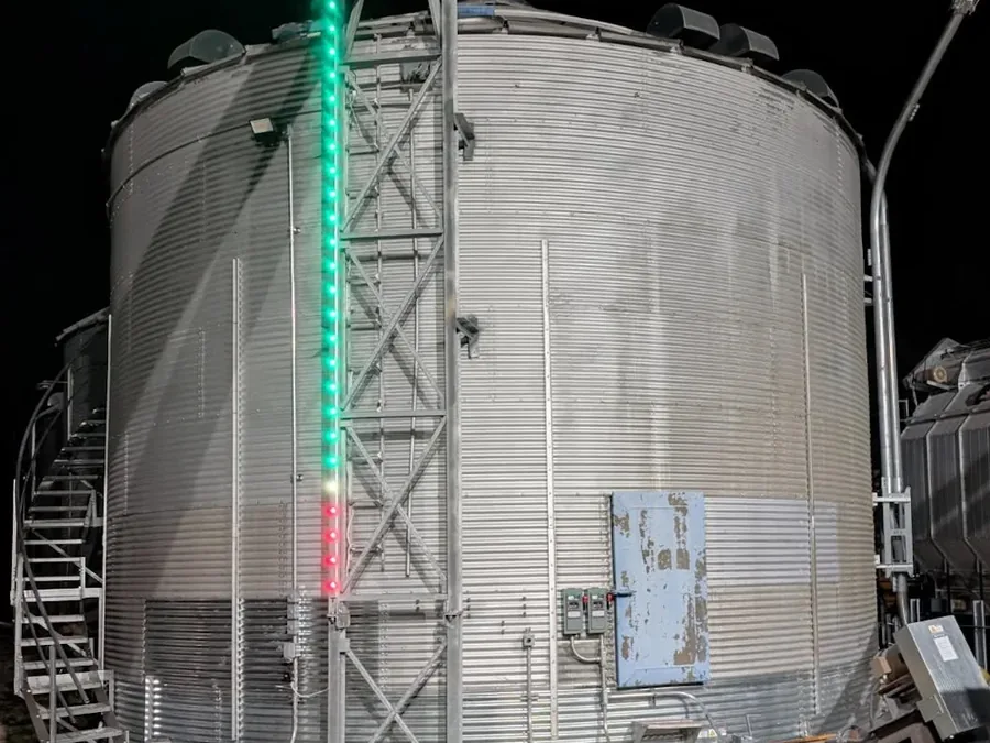 LeveLite indicator light track mounted on a grain conveyor support